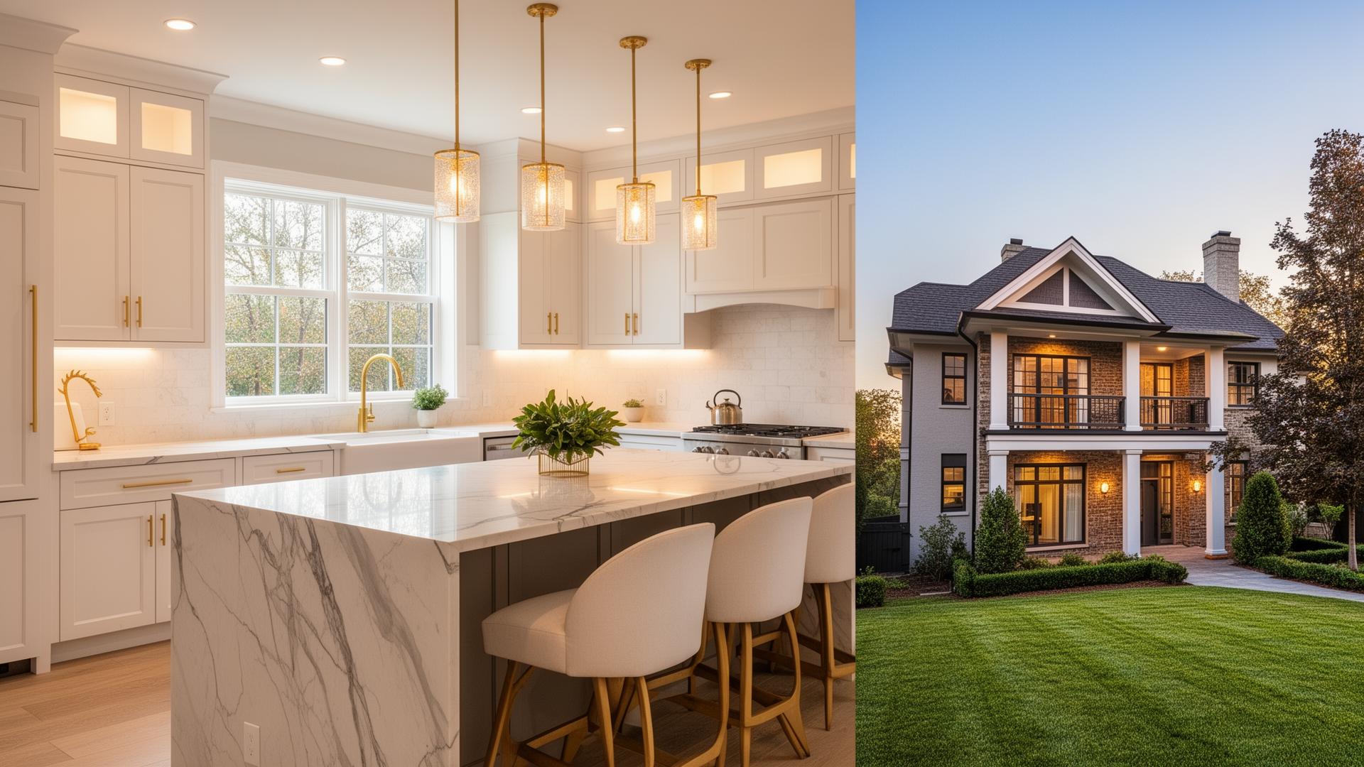 Luxury kitchen remodel transitioning into a beautiful renovated home exterior